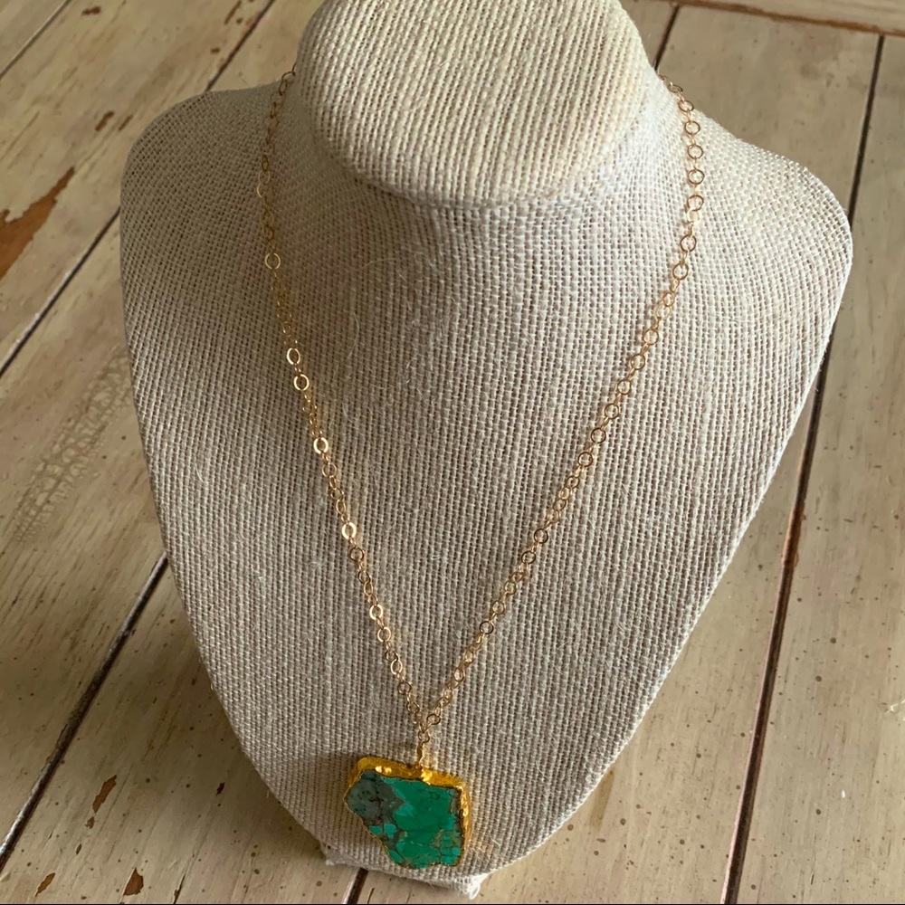 Green Turquoise Variscite slice necklace on a 14k gold-filled chain